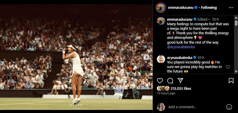 Screenshot of Raducanu's Instagram post's comment section.